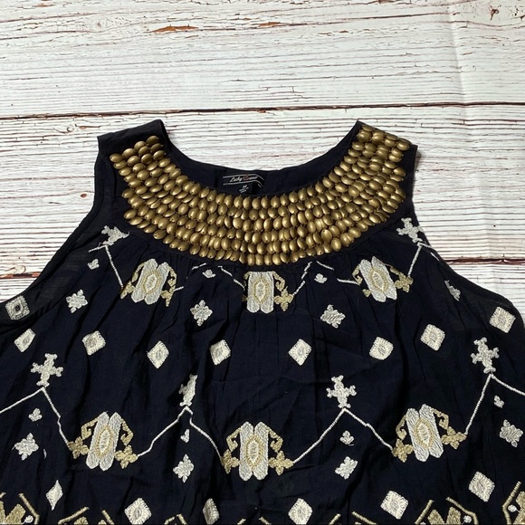 Lucky Brand Black Boho Embroidered Beaded Neck Top Sz M - Picture 4 of 13